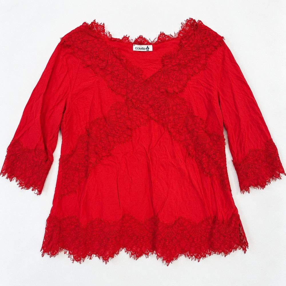 Colette Collection Red Lace Trim V-Neck Top 3/4 Sleeve Romantic Dopamine Silky L